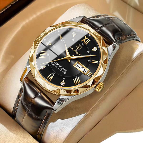 Elegant waterproof men's wristwatch with leather strap