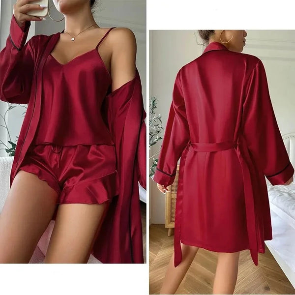 3-piece satin pajama set for women