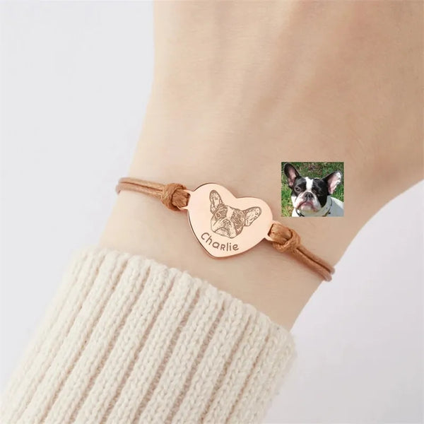 Personalized leather bracelet with photo heart pendant