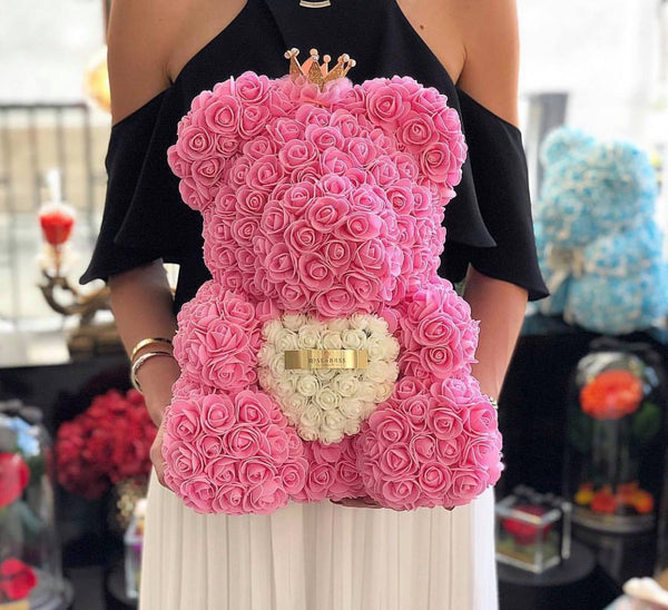 Rose bear with heart in the middle & crown (40cm)