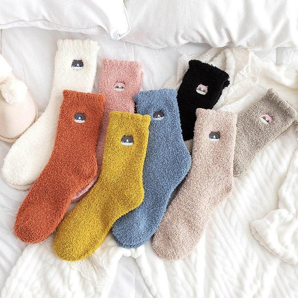 Fluffy fleece winter socks with cat design