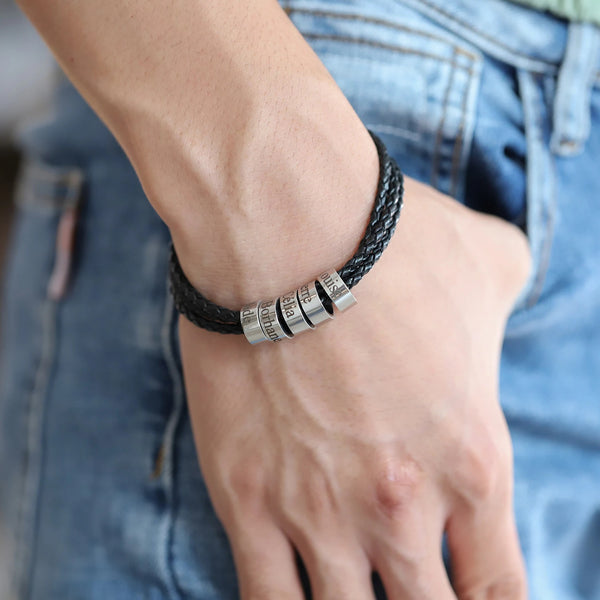 Personalized leather bracelet with engraving on beads